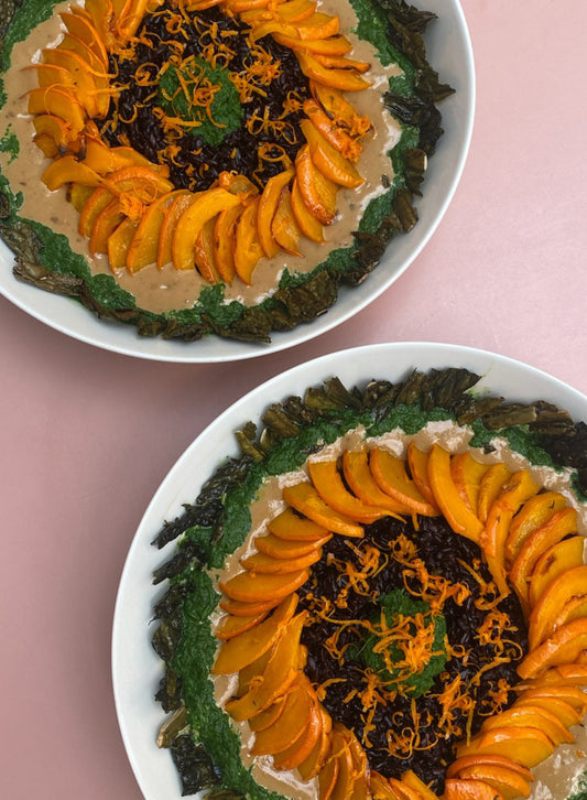 Roasted pumpkin with tahini–miso and cavolo nero