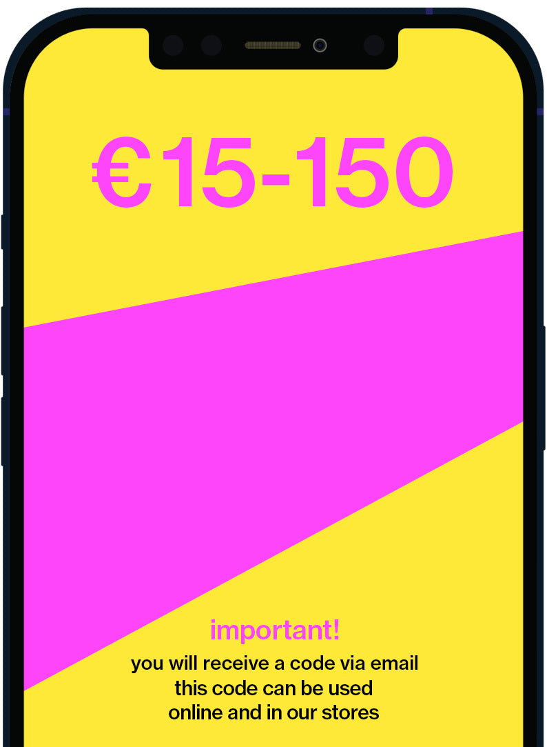 A smartphone mockup with a bright yellow and magenta screen displaying promotional text in euros, including '€15-150' and an important email code notice.