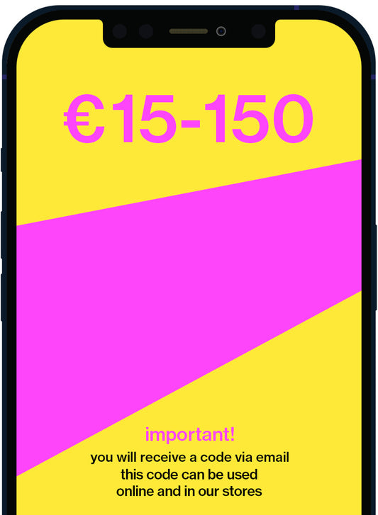 A smartphone mockup with a bright yellow and magenta screen displaying promotional text in euros, including '€15-150' and an important email code notice.