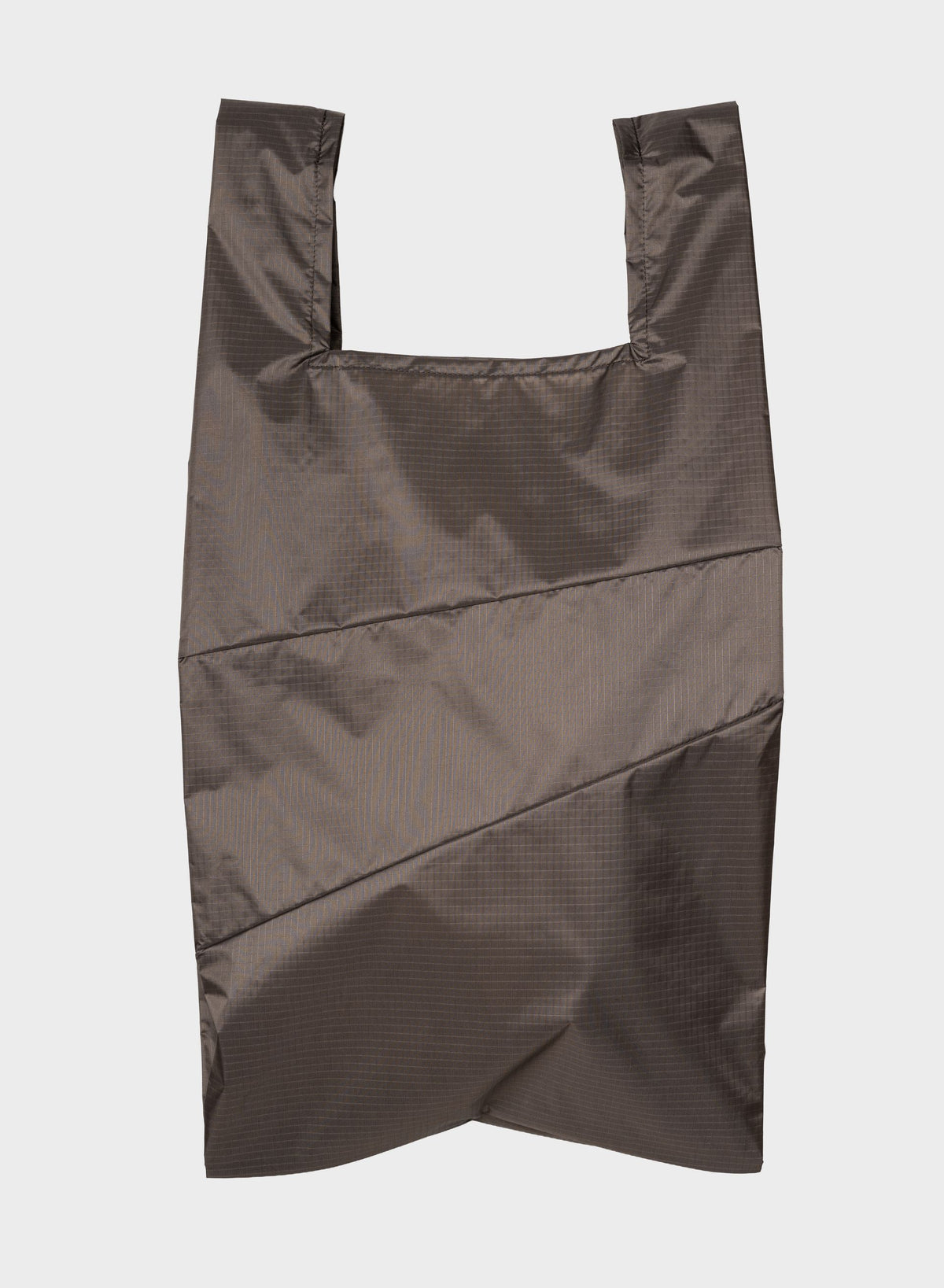 A dark brown reusable plastic shopping bag with a subtle grid texture, shown flat against a light gray background.